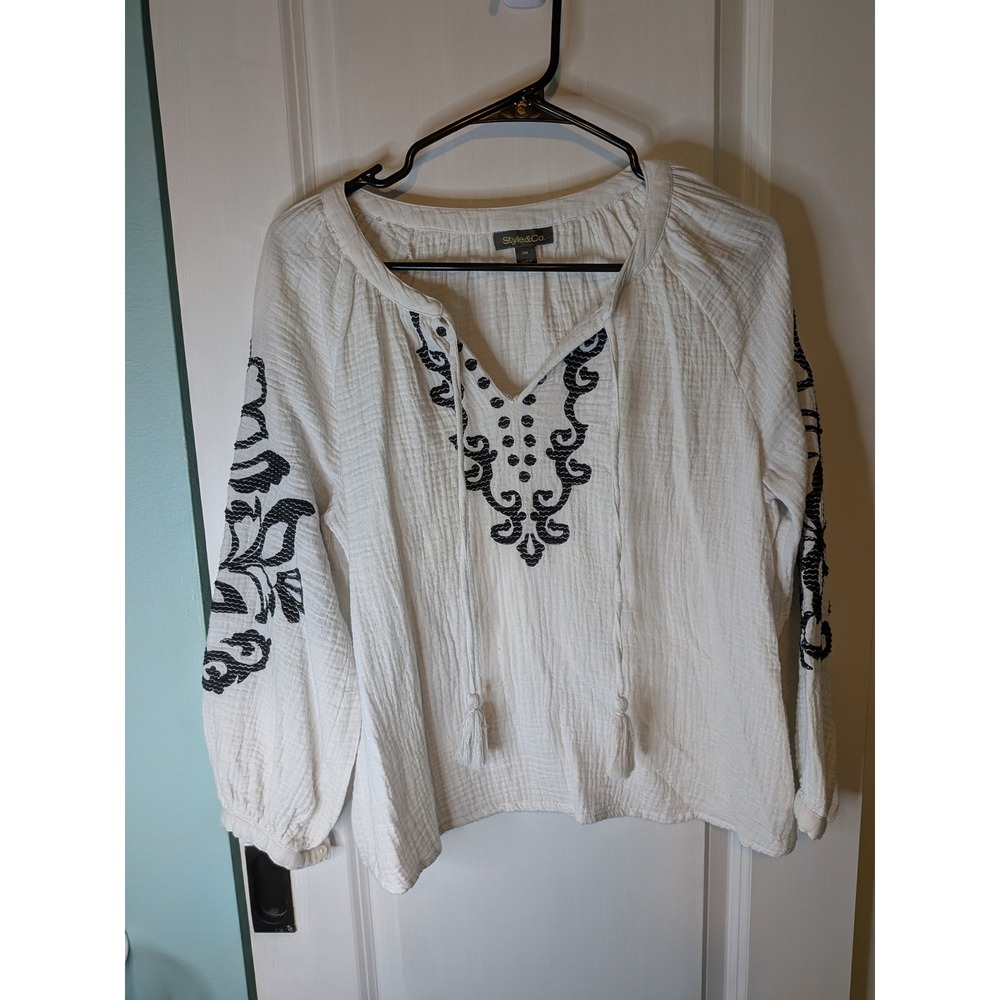 Style & Co Womens PM White Cotton Gauze Embroidered Tassel Peasant Blouse Top